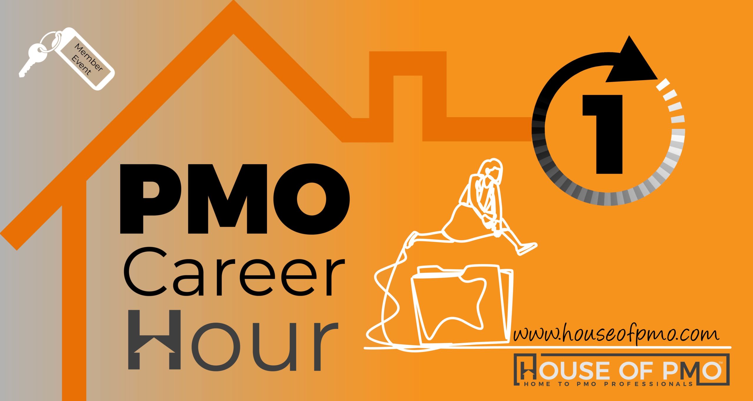 A woman jumping over a filing system is show on this image to advertise the PMO Career Hour event