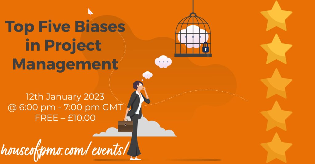 image for the event top five biases in project management with a woman thinking with her thought bubbles trapped in a cage