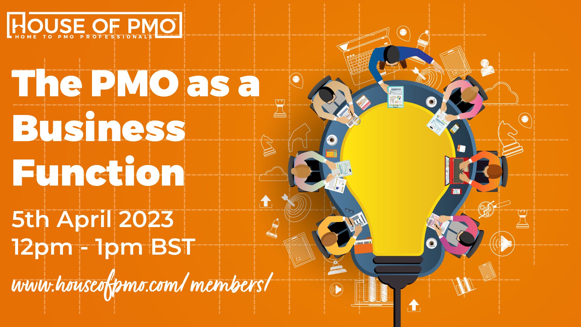 Image for the event the PMO as a business function- happening on the 5th of april. The image shows cartoon workers sat at a light bulb shaped table discussing ideas.