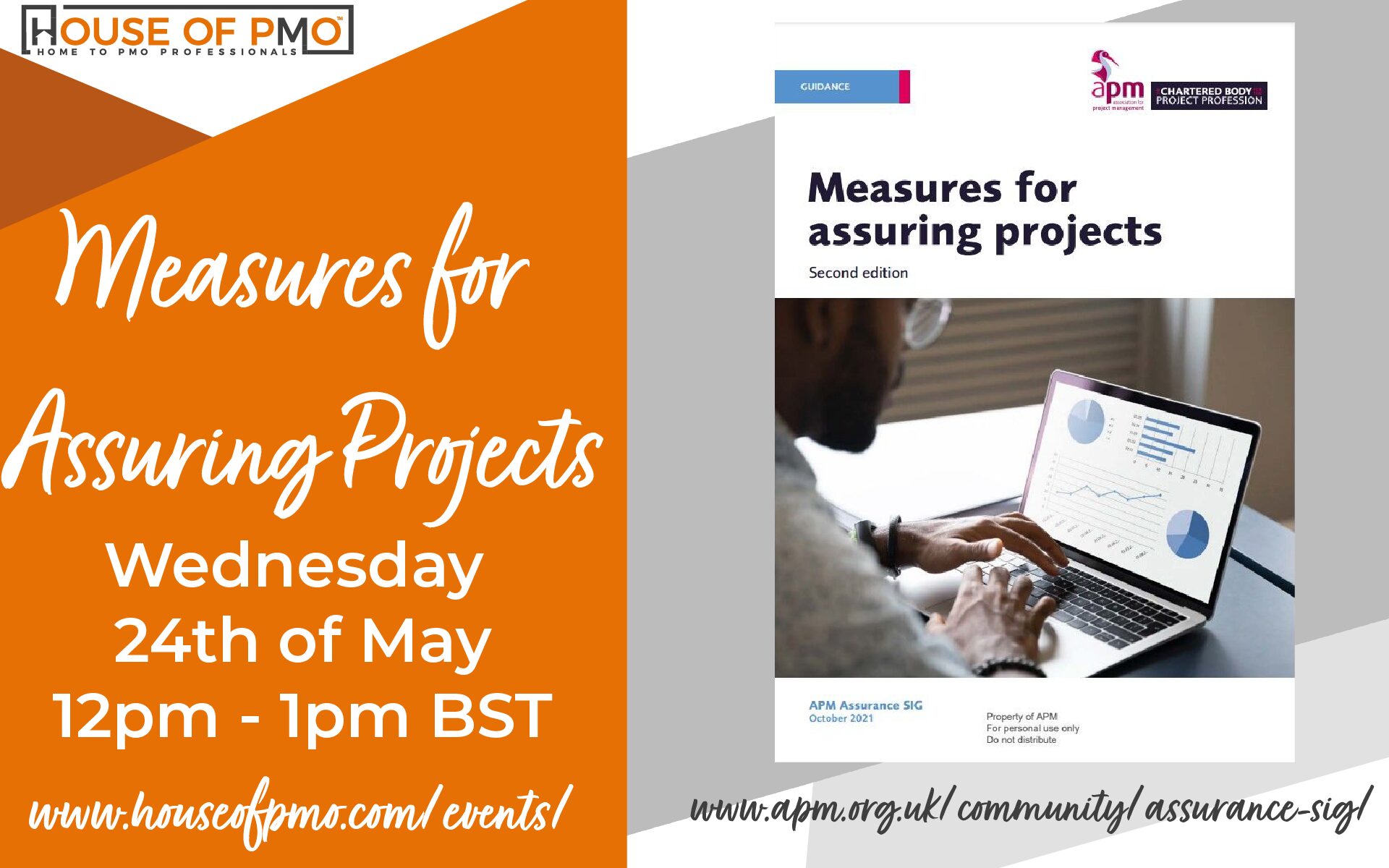 A picture for the event measures for assuring projects, happening 24th of May 12pm - 1pm. Includes an image of the book measures for assuring projects.