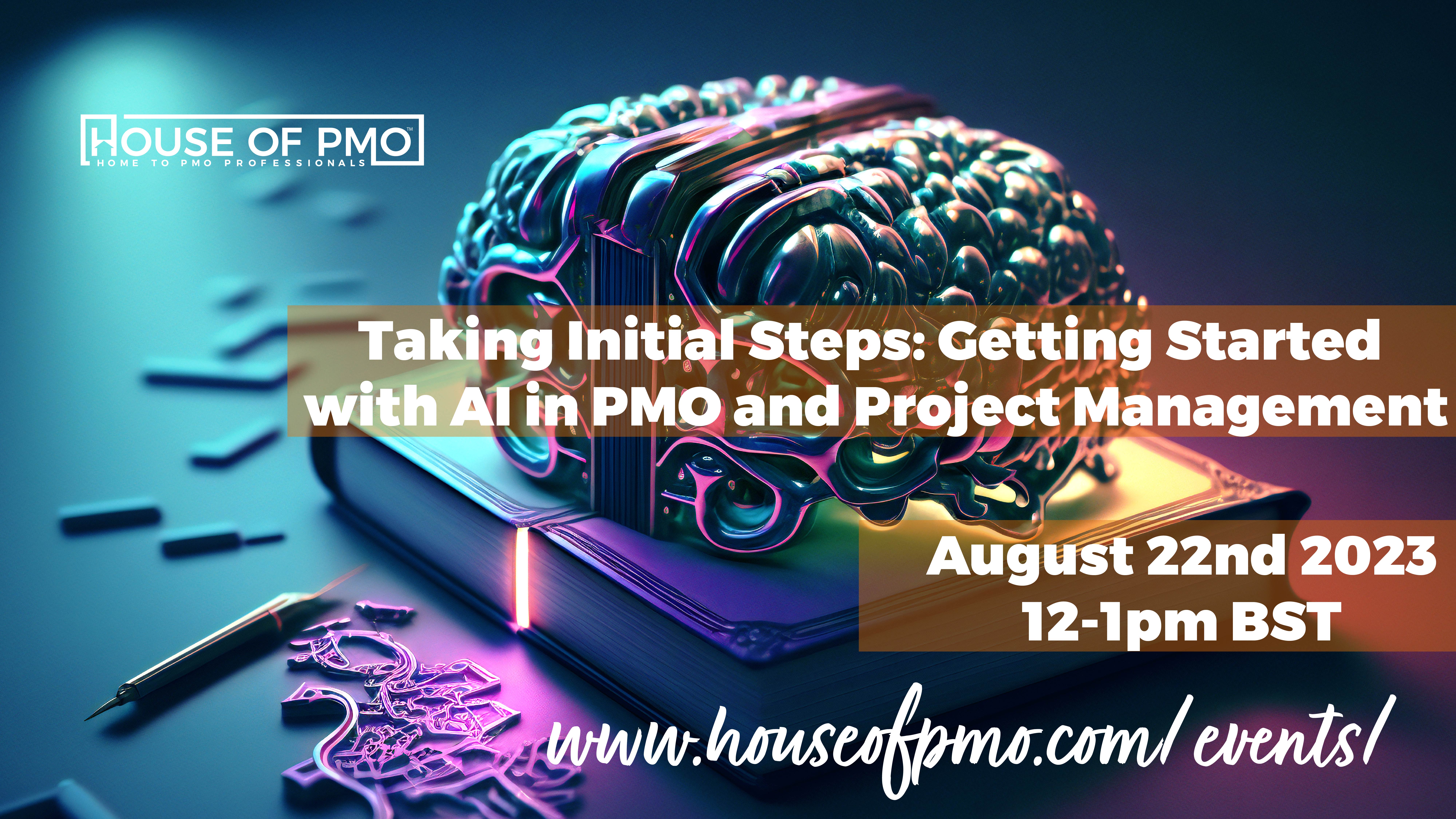 Image for the event taking initial steps getting started with AI in PMO and project management. It shows a technology made brain on top of a book to symbolise knowledge becoming tech centered
